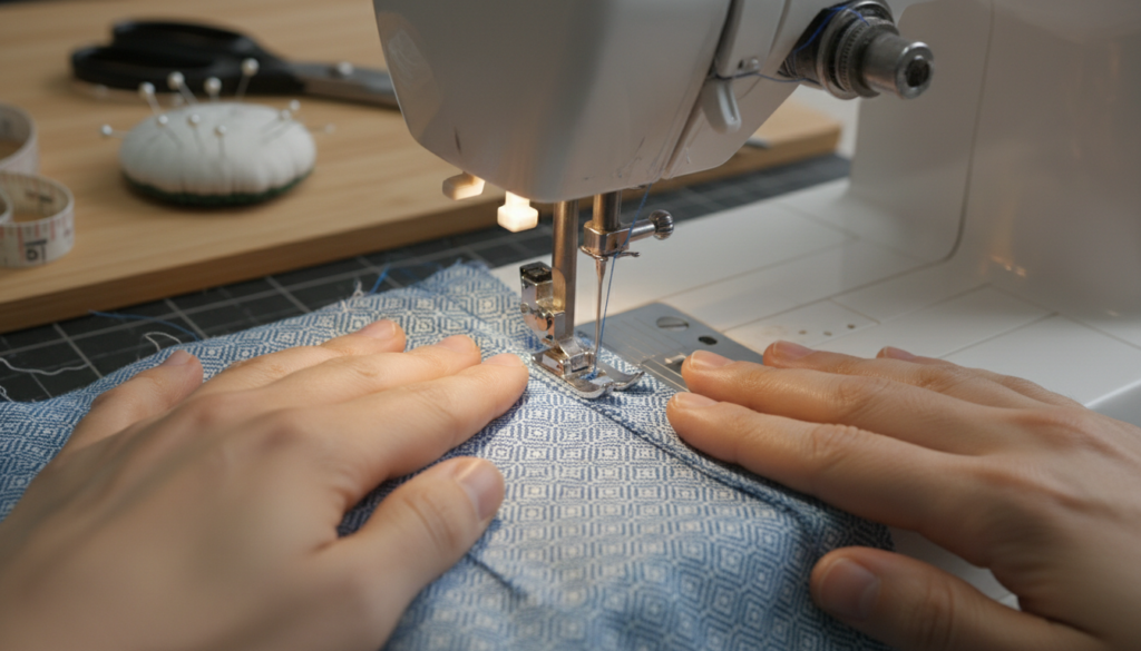 close-up of hands sewing straight seam on machine