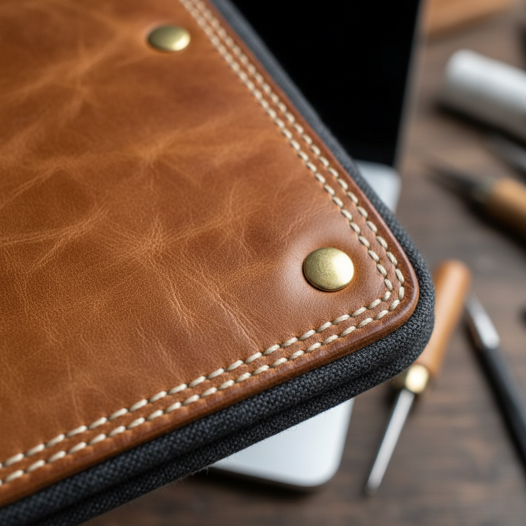 close-up of laptop sleeve corner reinforcement and hardware details