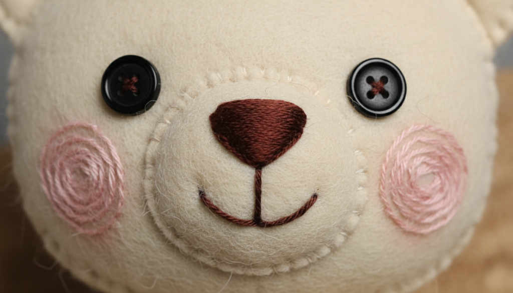 close-up of stuffed animal face with embroidered features