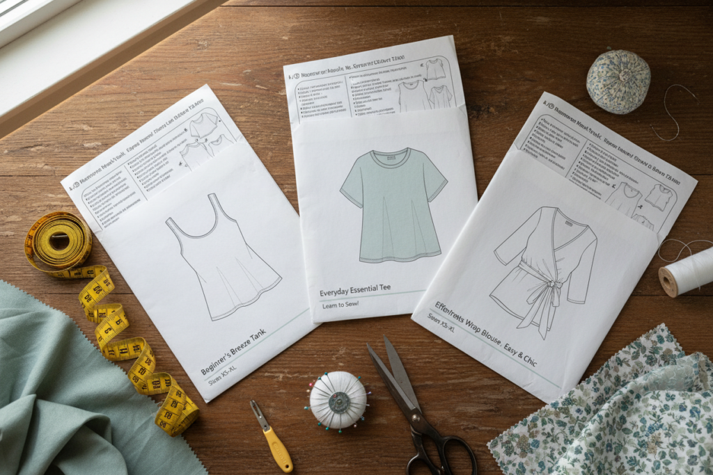 collection of beginner sewing patterns for tops with pattern envelopes and instructions