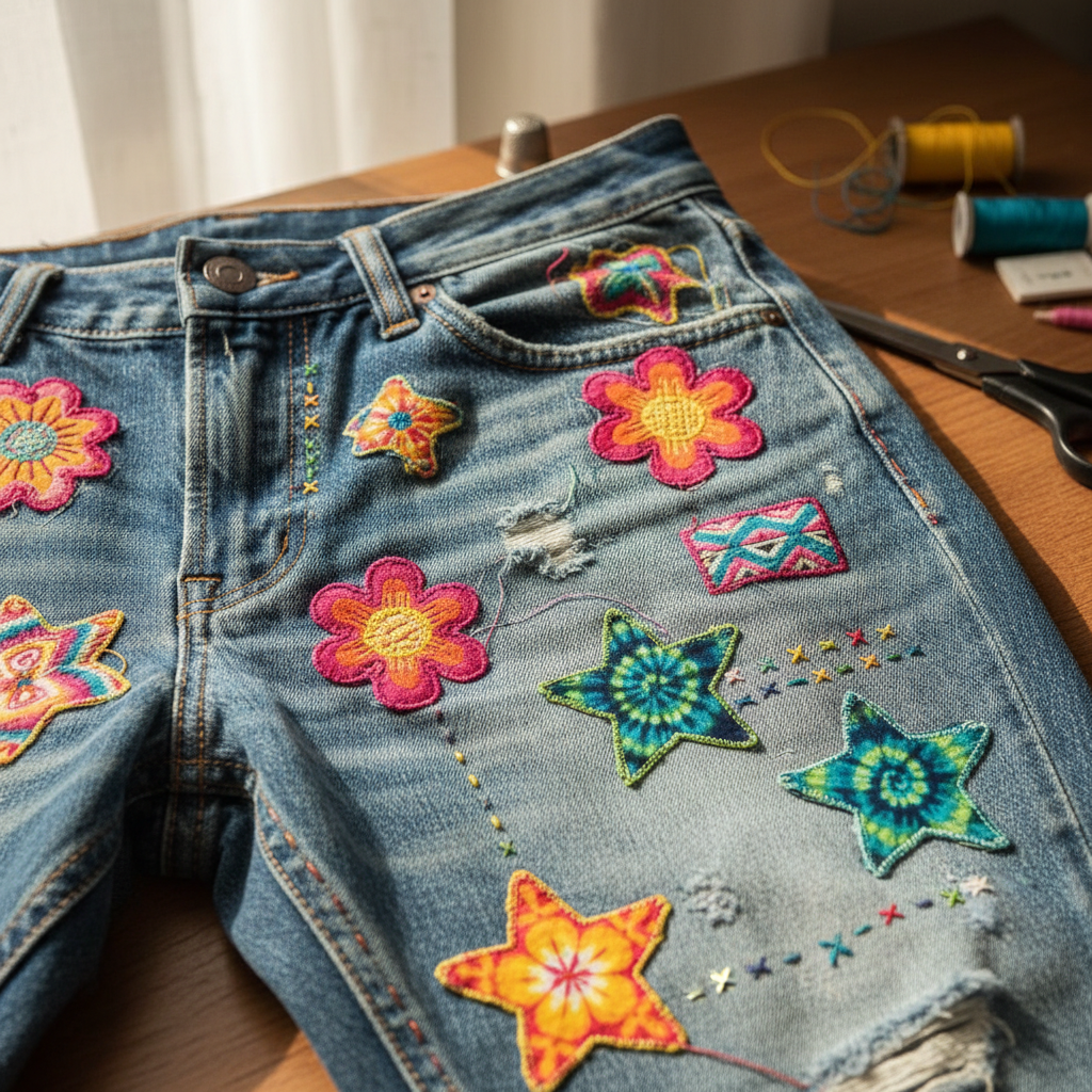 collection of colorful fabric patches arranged on denim