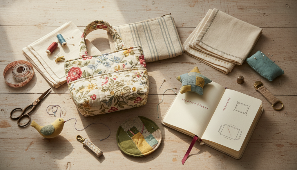 collection of completed beginner hand sewing projects