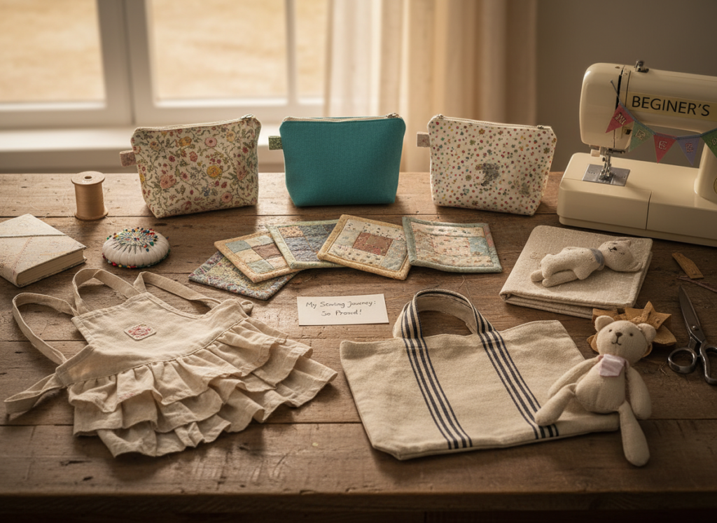 collection of completed beginner sewing projects