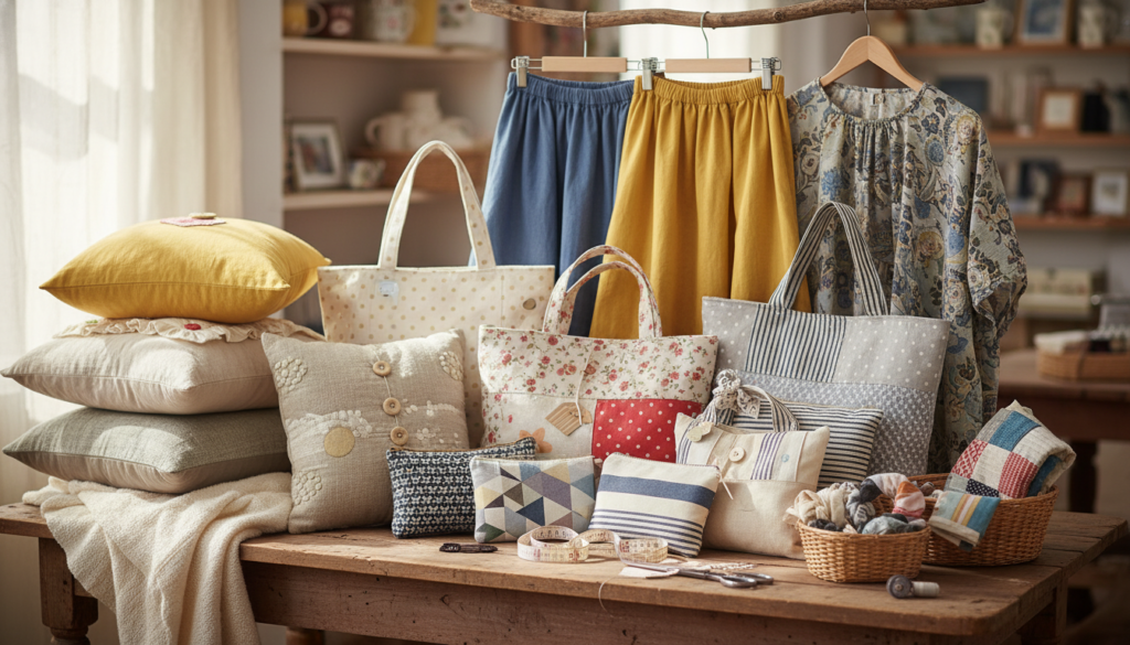 collection of completed beginner sewing projects displayed proudly