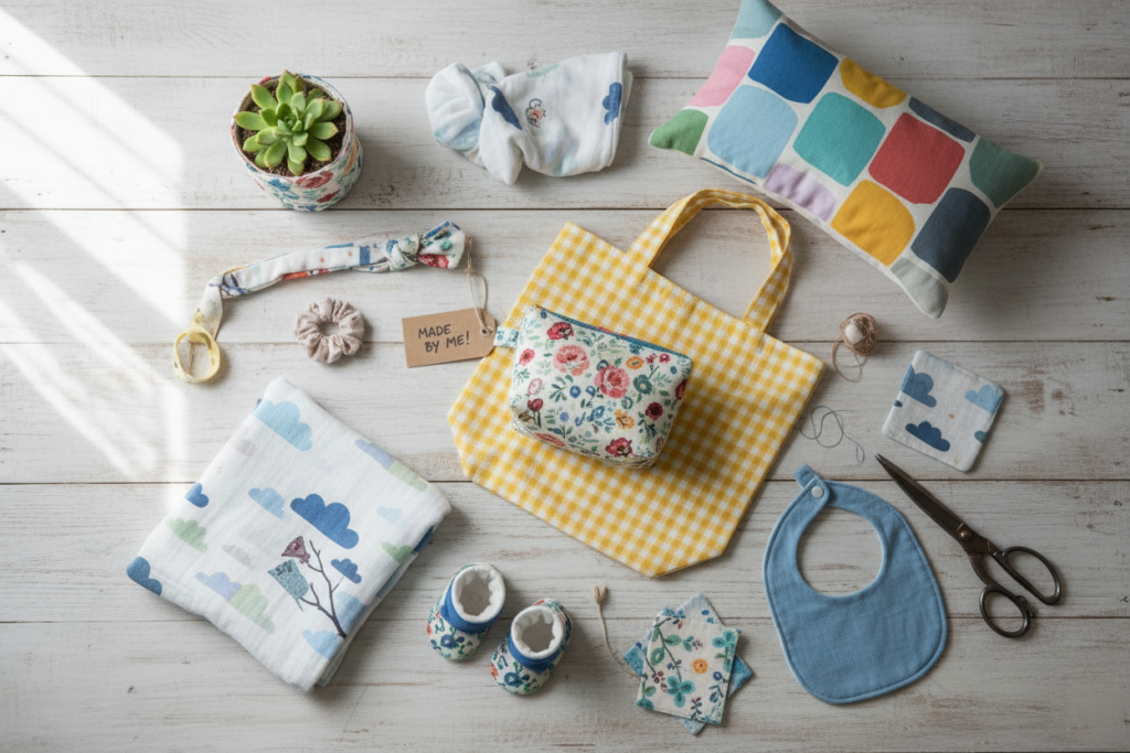 collection of completed beginner sewing projects displayed together