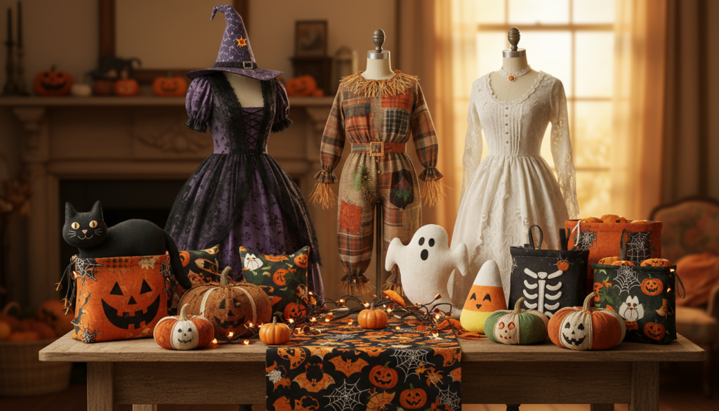 collection of completed halloween sewing projects displayed together