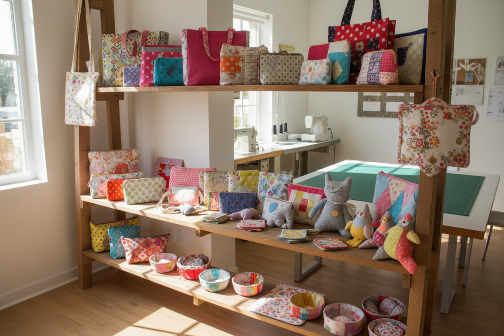 collection of completed kids sewing projects displayed proudly