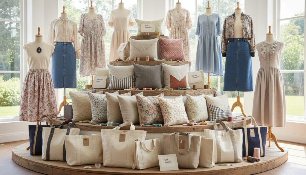 collection of completed sewing projects displayed together