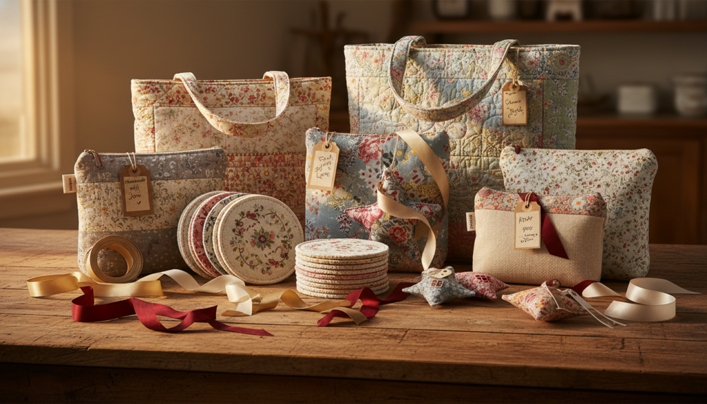 collection of completed small sewing projects as gifts