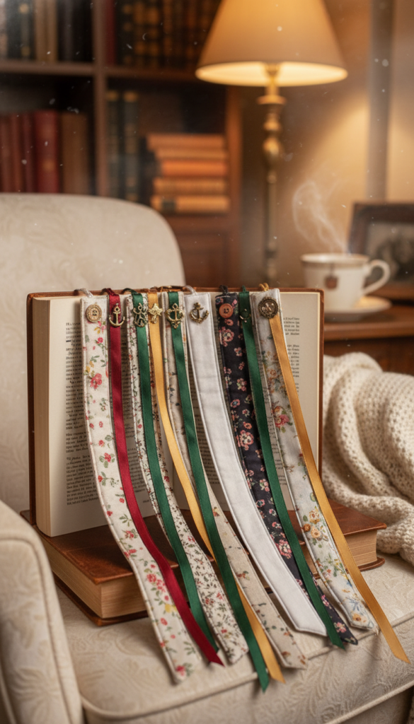 collection of decorative fabric bookmarks with ribbons and embellishments