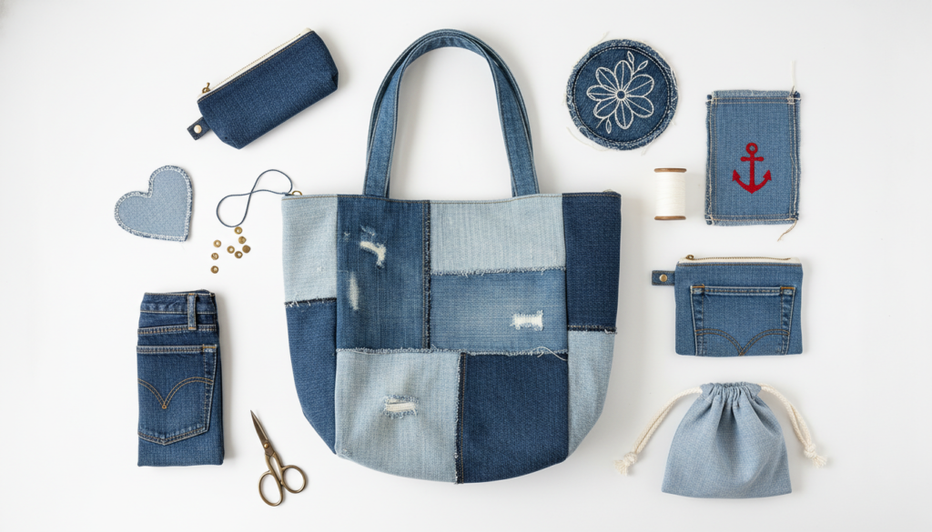 collection of denim upcycling projects including bag and patches