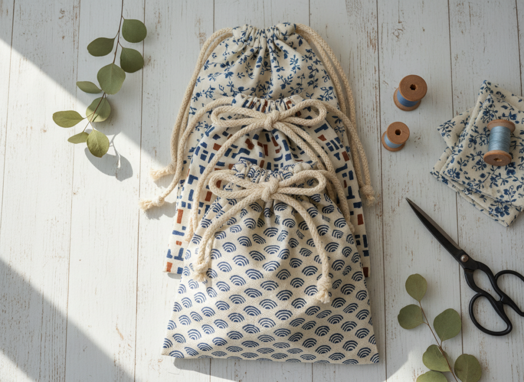 collection of different sized drawstring bags in various fabrics