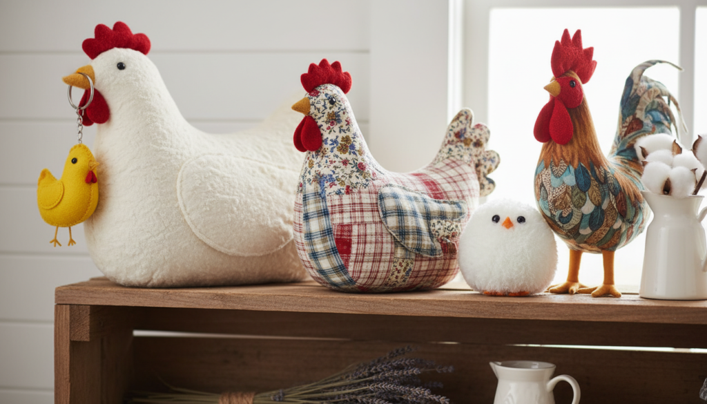collection of different styled stuffed chickens showing creative pattern variations