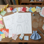 collection of doll patterns free sewing templates spread on sewing table with fabric swatches