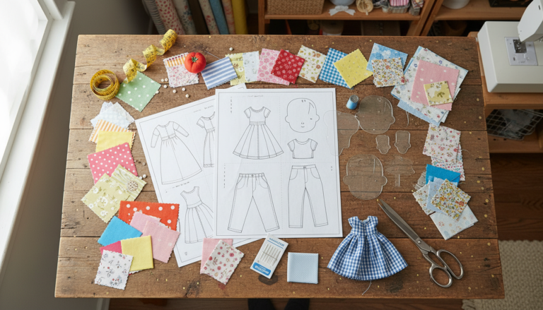 collection of doll patterns free sewing templates spread on sewing table with fabric swatches