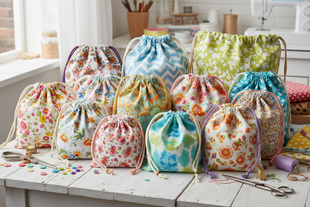 collection of drawstring bags in different sizes and fabrics