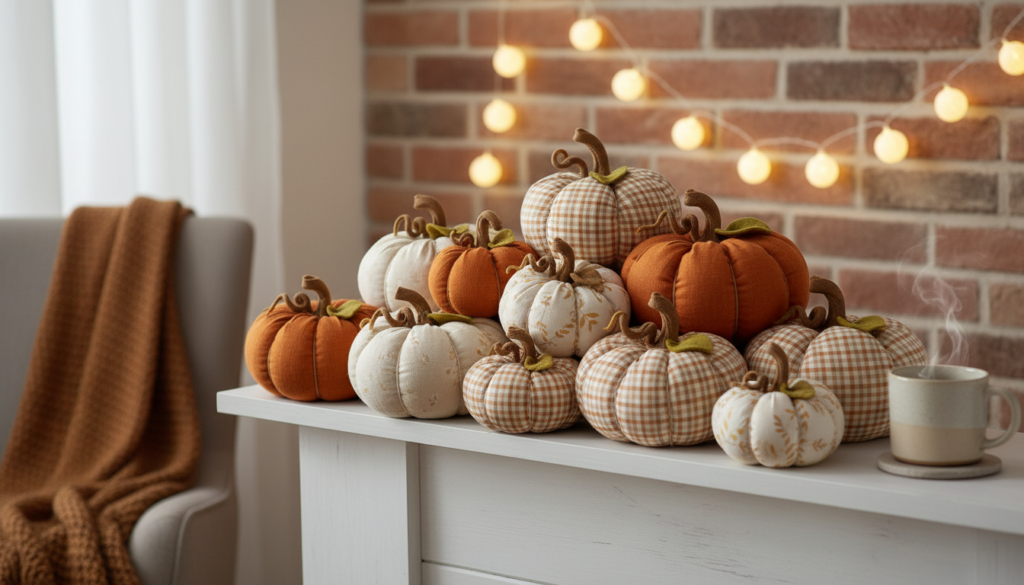 collection of fabric pumpkins in various sizes and colors
