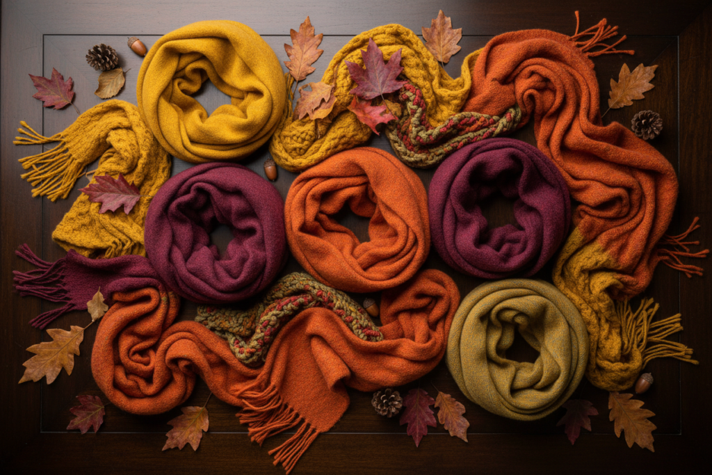 collection of fall sewing scarves in autumn colors