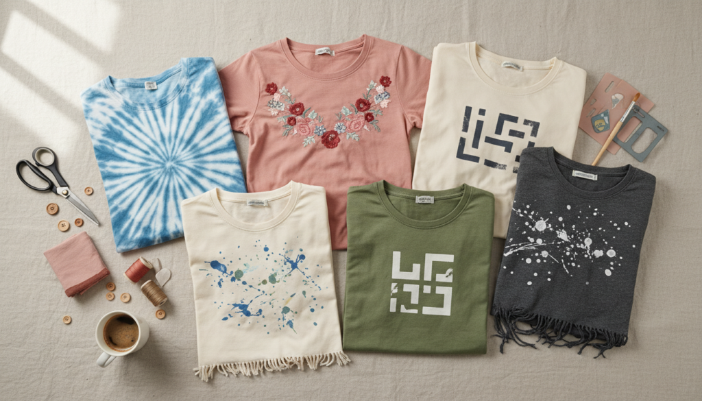 collection of finished DIY cut shirt projects showing variety and creativity