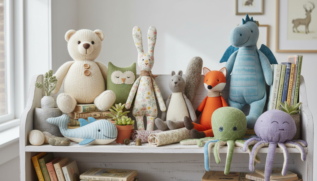 collection of finished stuffed animals displaying variety