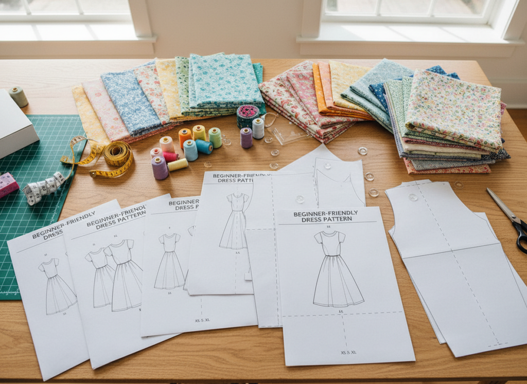 collection of free dress pattern printouts and fabric swatches