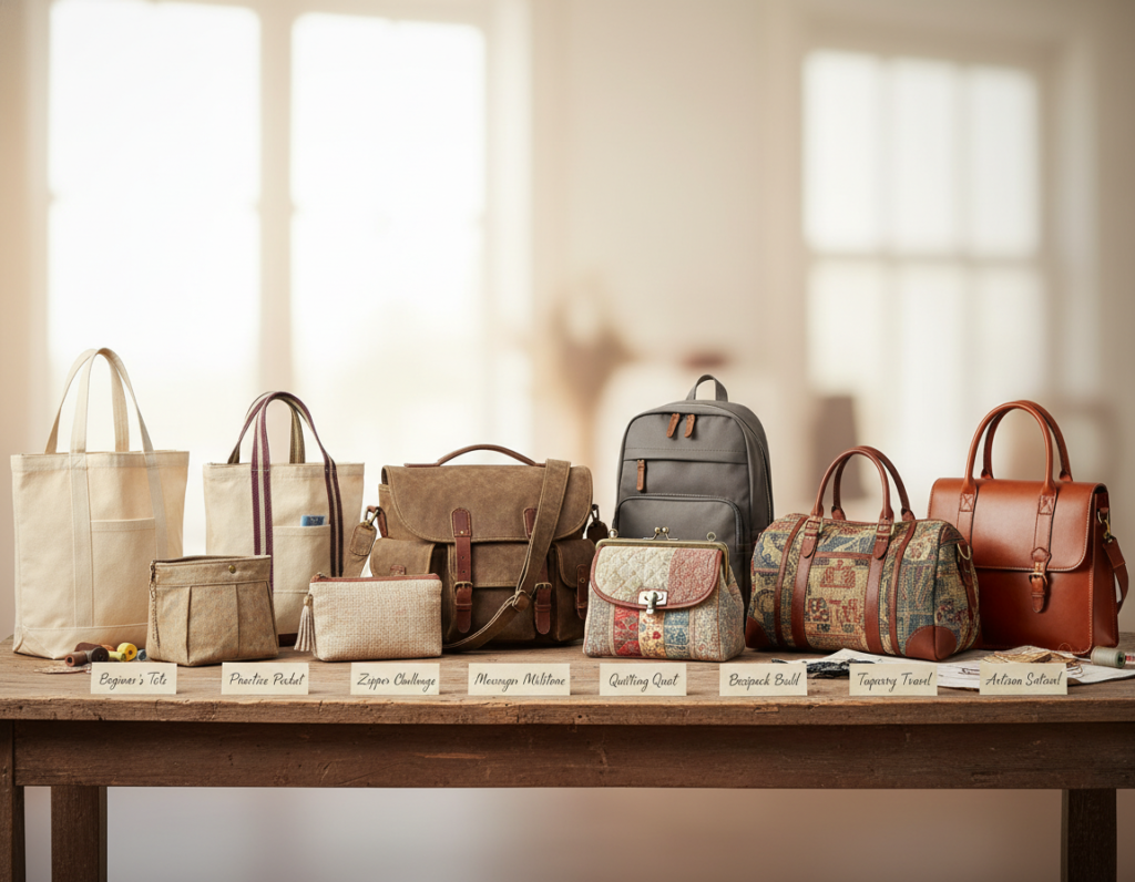 collection of handmade bags showing progression