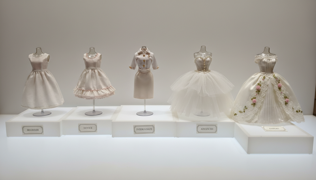 collection of handmade barbie clothes showing skill progression