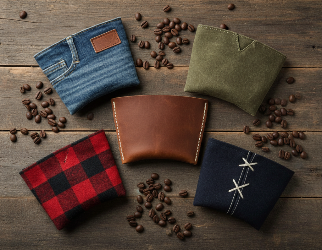collection of handmade coffee sleeves in different masculine fabrics