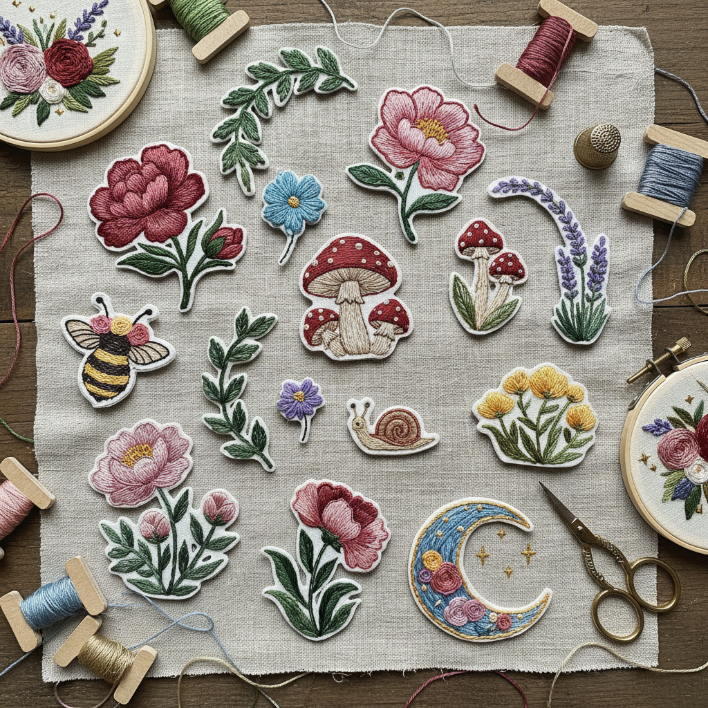 collection of handmade embroidered patches with various designs