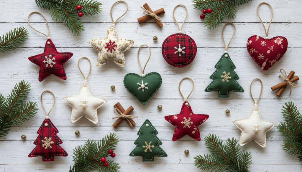 collection of handmade fabric Christmas ornaments in various shapes