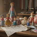 collection of handmade fabric dolls with various doll patterns free sewing displayed on craft table
