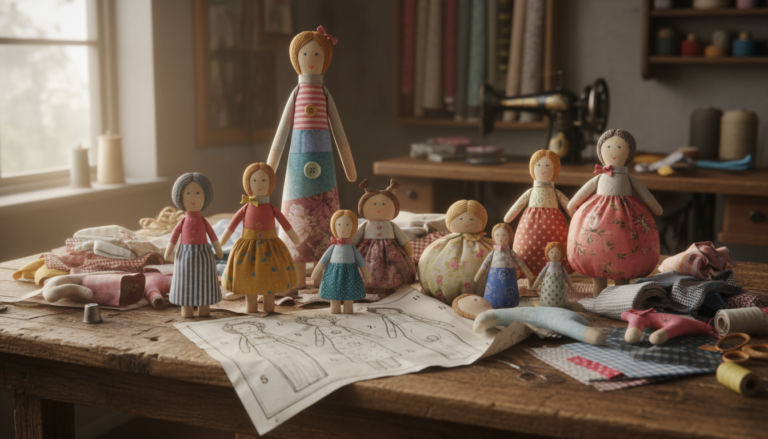 collection of handmade fabric dolls with various doll patterns free sewing displayed on craft table