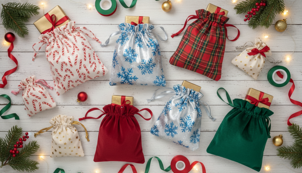 collection of handmade fabric gift bags in various christmas prints and sizes