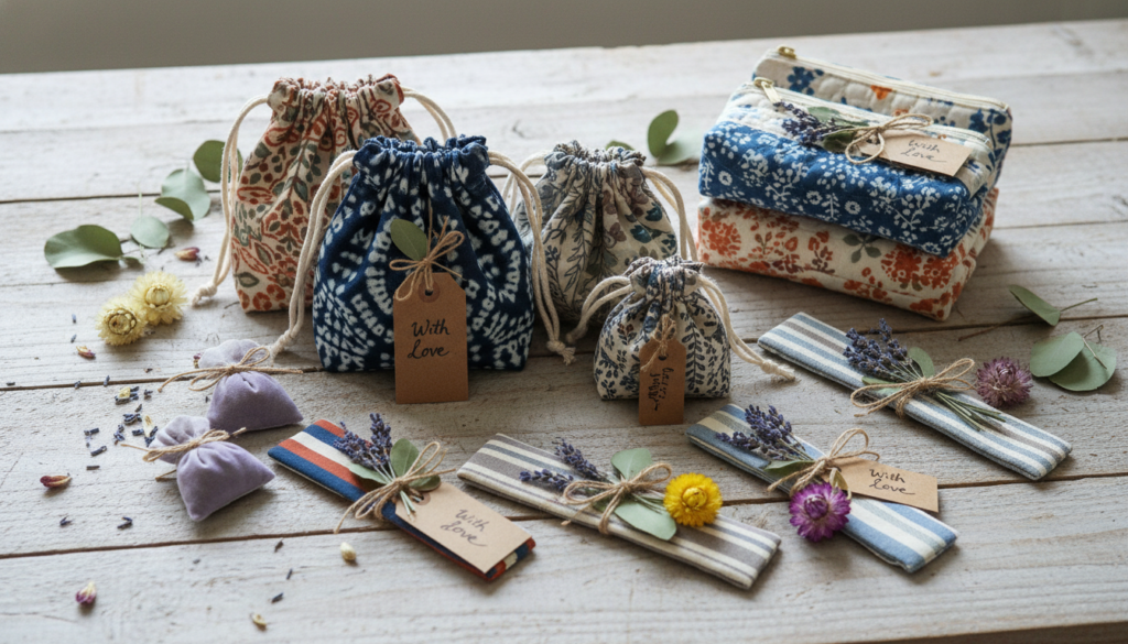 collection of handmade fabric gift items including bags pouches and small decorative items collection of handmade fabric gift items including bags pouches and small decorative items