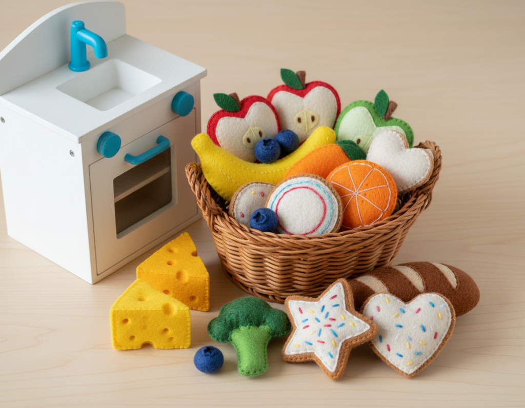 collection of handmade felt food items for kids pretend play