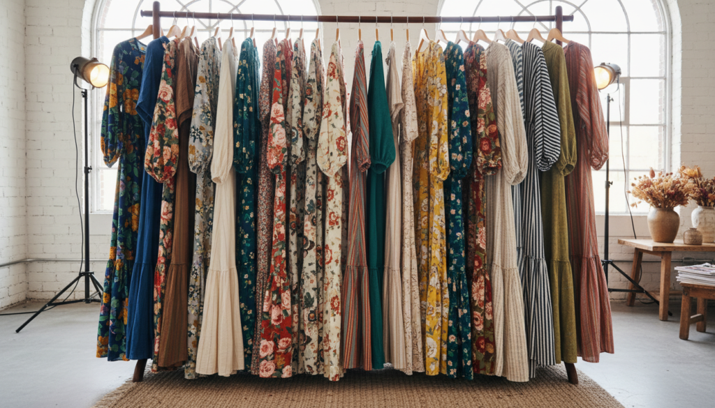 collection of handmade maxi dresses in different fabrics and colors