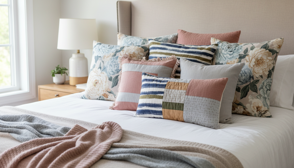 collection of handmade pillow covers in various patterns