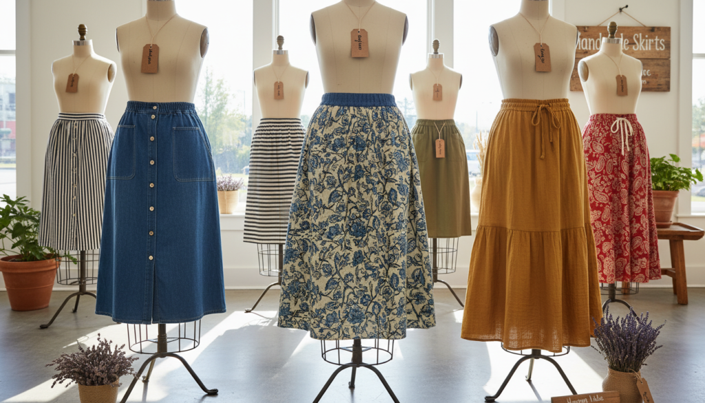 collection of handmade skirts in different fabrics and lengths