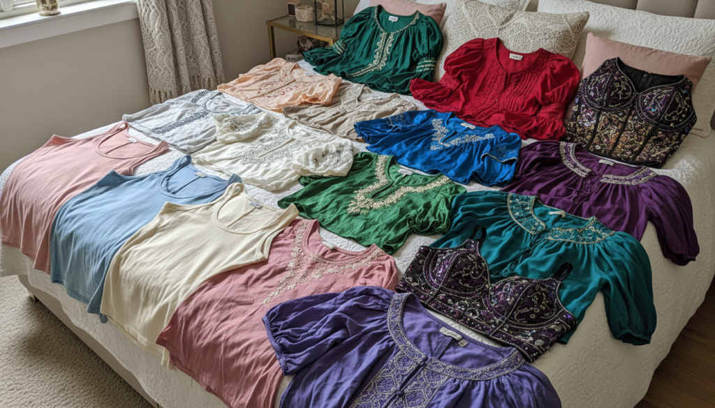 collection of handmade tops showing skill progression