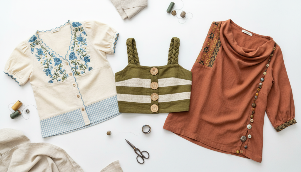 collection of handmade tops with different customization details