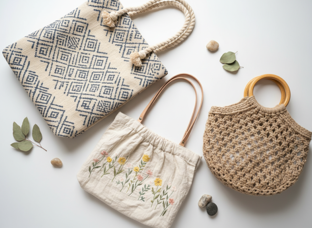 collection of handmade tote bags in different fabrics and sizes