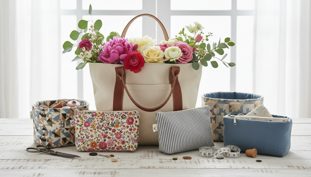 collection of practical handmade items tote bag and pouches