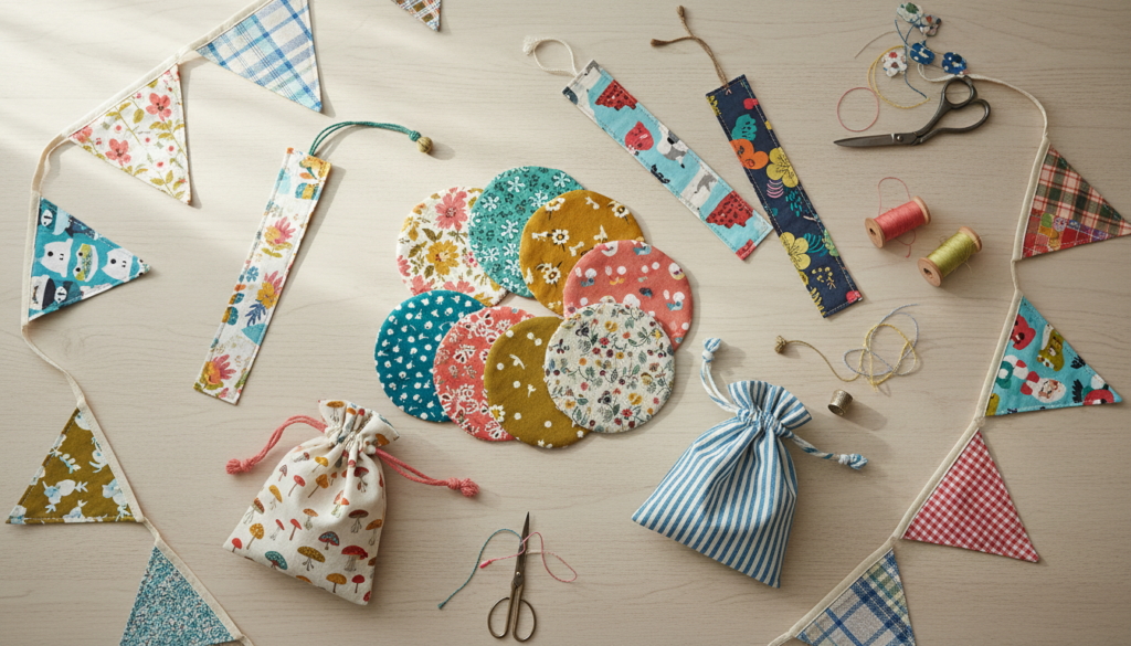 collection of quick hand sewing projects made from fabric scraps including small bags and decorations collection of quick hand sewing projects made from fabric scraps including small bags and decorations
