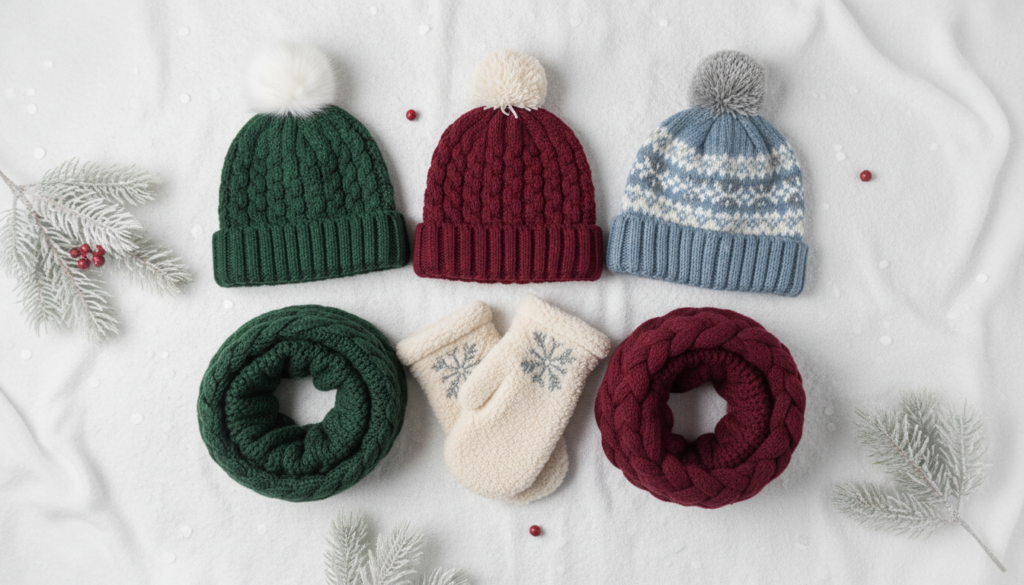collection of sewn winter accessories including mittens and hats for Christmas gifts