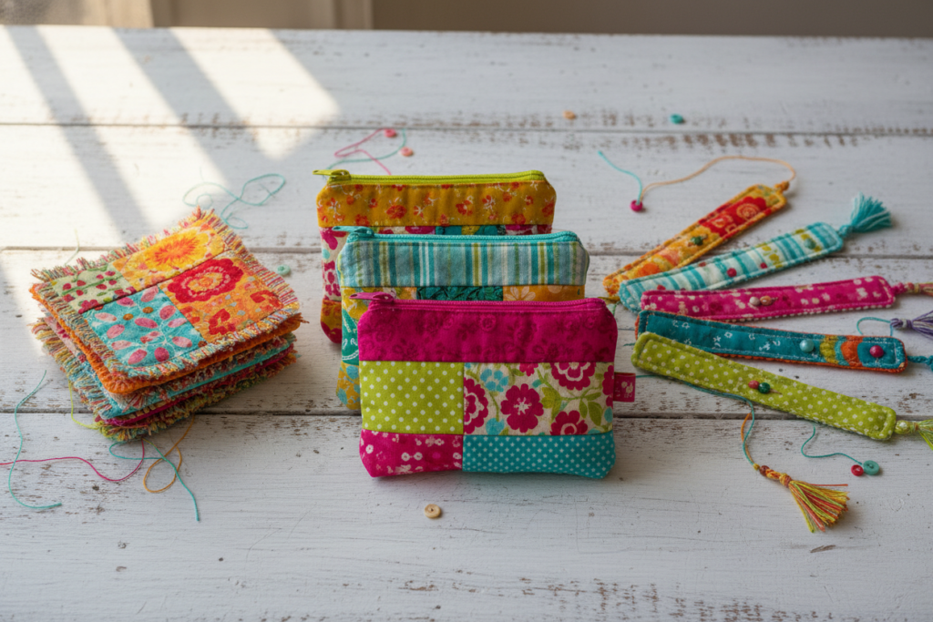 collection of small hand-sewn items made from fabric scraps