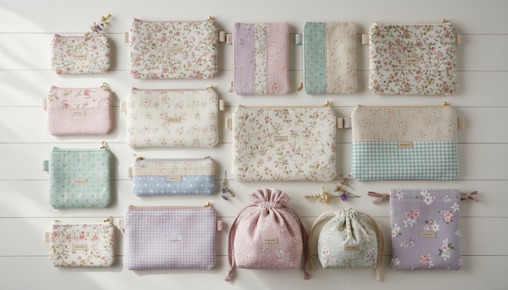 collection of small handmade aesthetic bags and pouches in various fabrics