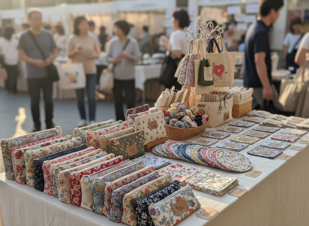 collection of small handmade sewing projects displayed at a craft market booth