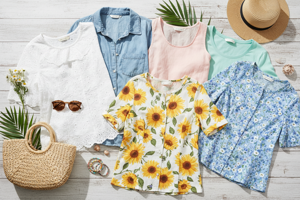 collection of summer tops in light fabrics with floral prints