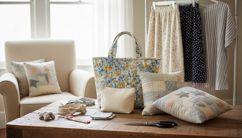 collection of various sewing projects on display