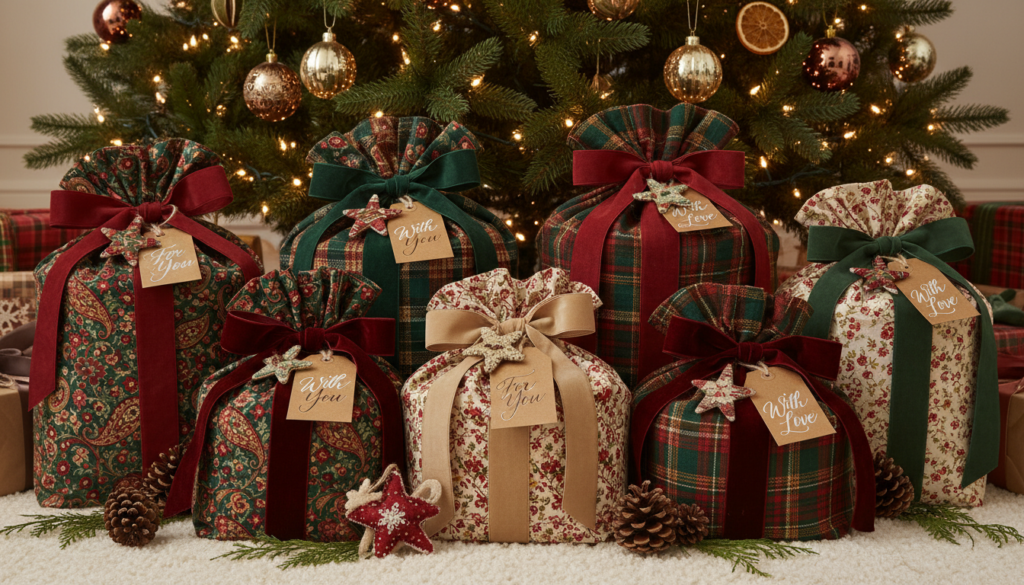 collection of wrapped handmade christmas gifts with fabric elements and tags